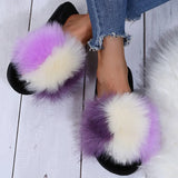 Mix Color Faux Fur Cotton Slippers for Women Open Toe Non Slip Plush Slippers Woman 2025 Lightweight Indoor Flats Slides Mujer