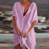 Cotton Linen Breathable And Comfortable Mid Length Oversized Button Down Half Sleeve O-neck Cardigan Casual Beach Suncreen Top