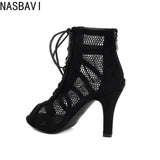 NASBAVI Women Latin Dance Boots Tango Party Shoes for Ladies Girls High Heels Ballroom Dance Shoes Mesh Rumba Samba Salsa Shoes