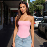 Women Solid Color Tube Tops Slim Tie Back Off Shoulder Sleeveless Crop Trendy Summer Tops Streetwear