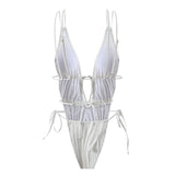 Sexy Wrinkled Swimsuit One Piece Deep V-Neck Bikini Thong Swimwear Bodysuits Women Biquini Bathing Suits Black and White 2 Color