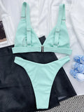 Ribbed Triangle High Cut Bikini Women Swimsuit Female Thong Swimwear Two Pieces Bikini Set Rings Bather Bathing Suit Swim Lady