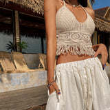 Boho Crochet Halter Top for Women Summer Beach Knit Crop Top with Tassels Backless Sleeveless Bralette