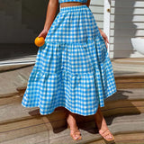 2026 Summer Vintage Checkered Maxi Skirt Women High Waisted Elastic Plaid Ruffle Long Skirts Retro Sweet Cake A  Line Skirts
