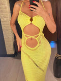 New Sexy Halter Tummy Cut Out Crochet Knitted Tunic Beach Cover Up Cover-ups Beach Dress Beach Wear Beachwear Female Women V5454