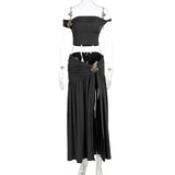 Summer Skirt Set Women Metal Flower Sexy Off Shoulder Slim Crop Top High Slit Skirt Sets Fashion Backless Pleated 2 Piece Suits