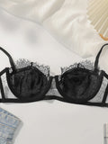 2-piece black lace ultra-thin transparent lingerie set sexy solid color set women's bra party thong underwear MR3406