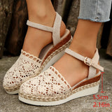 Hollow Fabric Roman Shoes Summer Travel Round Head Wedge Toe Fashion Sandals Comfortable Thick-sole Women's Shoes 2026