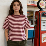 Striped Print Summer T-shirt for Women Loose Casual Contrast Short Sleeve Round Neck Basic Tops