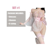 Chinese Ancient Style Cute Floral See Through Halter Dress Pink Kimono Backless Sexy Lingrie Women Outfit Costume