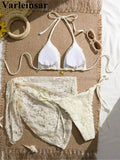 3PCS With Sarong Flower Lace Halter Bikini Women Swimwear Female Swimsuit Three-Pieces Bikini Set Bather Bathing Suit Swim V8277