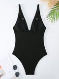 2026 V Neck Swimsuit One Piece Solid Vintage Swimwear Women One-piece Bathing Suit Female Padded Beach Wear Swimming Beachwear