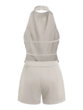 Summer Women's Solid Color Satin Shorts Sets Backless Mock Neck Halter Tops with Shorts 2 Piece Outfits Casual Streetwear