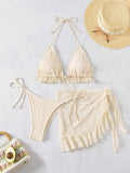 DEKA Women Triangle Ruffles Bikini Set Bathing Suit Spliced Halter Bikini Push Up Bandage Cover Up Beachwear 3 Piece Swimsuit