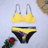 4 Colors Sexy Bikini Women Push Up Swimwear Swimsuit Leaf Print Patchwork Bikinis Set Bathing Suit Beach Bikini Female Biquinis