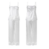 Women Summer Sleepwear White Satin Pajama Sets Lace Spaghetti Straps Cami with Pants Two Piece Sets