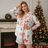 Women's 2025 Satin Christmas Pajama Set Long Sleeve Lapel Bow Print Shirt Wide Leg Shorts Loose Two Pieces Sleepwear