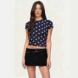 Women's summer fashion retro polka dot short-sleeved printed slim round neck top