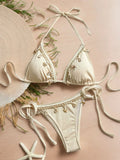 Shell Decoration Ribbed Halter Strappy Bikini Women Swimwear Female Swimsuit Two-pieces Bikini Set Bather Bathing Suit Swim Lady