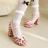 Big Size 43 High Quality Women's y2k Block High Heels Sweet Strawberry Print Mary Jane Pumps Black Pink Platform Lolita Shoes
