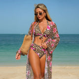 Blue Leopard Print Bikini Set Large Size Women Front Tie Push Up High Waist Swimsuit 2026 Long Sleeve Cover Up 3 Piece Swimsuit