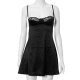 Women Summer Mini Dress Spaghetti Strap Lace Trim Corset Backless Satin Dress Retro Sexy Elegant Club Dresses Female