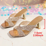 Luxury Crystal High Heels Sandals Women Fashion Square Toe Thick Heels Party Wedding Shoes Woman Plus Size Pearls Sequin Sandals