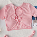 Bikini 2026 Sexy Pink Short Sleeve Hollow Swimwear Swimsuit Women Bikinis Set Bathing Suit Beach Bikini Female Metal Ring Decor