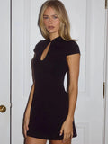 Ahagaga Sexy Mini Dresses Women Elegant Cap Sleeve Slim Bodycon Hollow Out Solid Casual Y2K Formal Office Party Club Vestidos