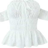 Spring New Style Elegant Ruffled One-shoulder Casual Top Shirt Womens White Off Shoulder Ruffle Waist Short Sleeve Casual OERV