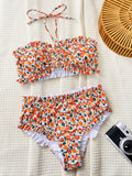 DEKA Ruffles Strapless Lace-Up Bikini Set Floral Pattern Swimsuit Women High Waist Bikini Summer New Swim Bathing Suit