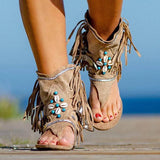 Retro Women Fringe Flower Wedges Shoes 2022 Solid Flock Beach Casual Sandals Women Summer Flip Flop Sandals