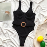 Ribbed Push up Underwired Metal Chain Women Swimwear One Piece Swimsuit Female Waist Belt Monokini Bather Bathing Suit Swim Lady