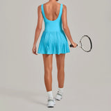 Naked Fake Two Piece Tennis Dresses with Pocket Bottom Women Back Hollow Out Pleate Skirts Outwear Square Collar Golf Yoga Dress