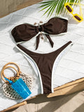 DEKA Solid BandeauU Ring Bikini High Waist Swimsuit Women Tie Side Shiny Metal Hardware Ring Bandeau Swimwear Padded Bra Top