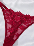 Wine Red Daisy Floral Lace Sheer Mesh Babydoll Lingerie Set Slip Nightdress With Matching Thong Women Sexy Sleepwear ZA825096