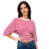 Women Summer Fashion Casual Elbow Sleeve T-Shirts Stripe Cinched Waist Crew Neck Tops Streetwear