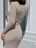 Women Spring Autumn Solid Color Bodycon Knit Dress Long Sleeve Crew Neck Ribbed Dress Slim Fit Long Dress