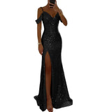Women Evening Dress Off Shoulder V Neck Side Slit Floor Length Sequin Ball Gown Sleeveless Prom Wedding Party Banquet Maxi Dress