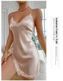 Summer Sleepwear Contrast Lace Silk Satin Nightdress for Women Deep V Backless Lace Up Split Slip Sleep Dress Nightgown