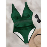 S - XL New Sexy Mesh Sheer V Neck Women Swimwear One Piece Swimsuit Female High Leg Cut Monokini Bather Bathing Suit Swim V5136