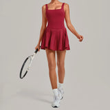 Naked Fake Two Piece Tennis Dresses with Pocket Bottom Women Back Hollow Out Pleate Skirts Outwear Square Collar Golf Yoga Dress