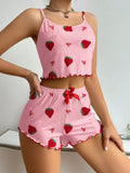 Camisole Strawberry Printing Casual Vest Tops and Shorts 2 Pieces Pajamas Set Women's Summer Sleepwear Loungewear