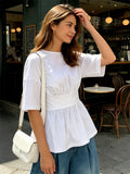 2026 Summer Women's Peplum Tops Casual Elegant Stylish Bow Backless Loose Shirts Crew Neck Elbow Sleeve Blouse