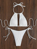 2025 Halter Tie Side Hollow Out Smocked Bikini Women Swimsuit Female Swimwear Two Pieces Bikini Set Swim Bathing Suit Beach Wear