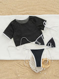 Sexy With Short Sleeve Cover Halter Bikini Female Swimsuit Women Swimwear Three-pieces Bikini set Bather Bathing Suit Swim K7371