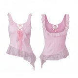 Women Flounce Vest Lace Jacquard Square Neck Tie-up Tank Tops Backless Sleeveless Slim Fit Retro Blouses for Party Club