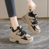 Chunky Platform Women Sport Sneaker Lace-Up Thick Bottom Vulcanize Shoes Woman Spring Autumn Pu Leather Breathable Running Shoes