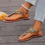 Bohemia Style Flat Heel Sandals for Women Fashion Bead Clip Toe Beach Sandles Woman Plus Size 43 Lightweight Gladiator Sandalias