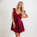 Women Summer Solid Color A-Line Dress Casual Sweetheart V-Neck Flutter Sleeves Mini Dresses for Beach Party Club